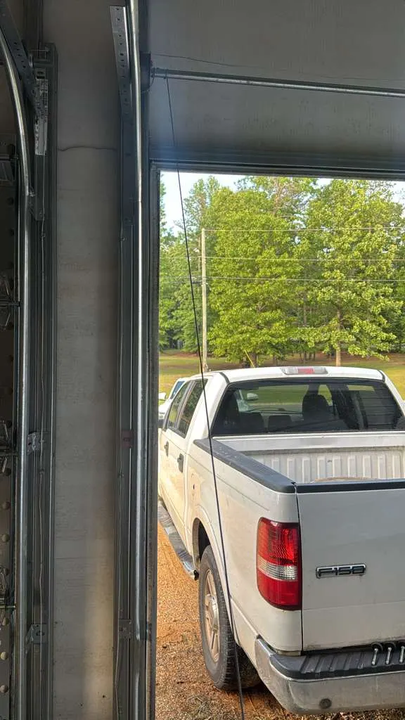 View from inside an open garage door toward the driveway