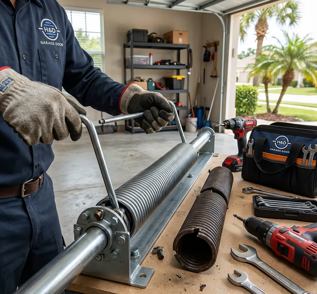 H&D Garage Door technician safely replacing a broken torsion spring during emergency garage door repair service
